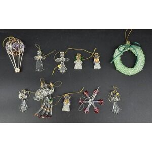 Lot of 11 Vintage Clear Spun Glass Christmas Ornaments Angel Wreath Balloon Snow